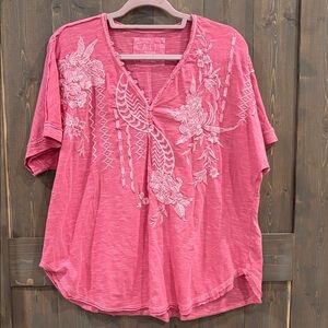 Caite Pink Embroidered V‑Neck Women’s Top